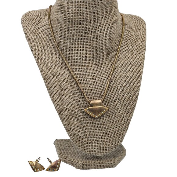 Vintage Jewelry - Vintage Gold-Tone Rope Chain Necklace & Clip-on Earrings Set Rhinestone Accents